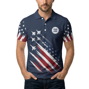 fighter jets & stars diagonal american flag patriotic navy blue polo shirt