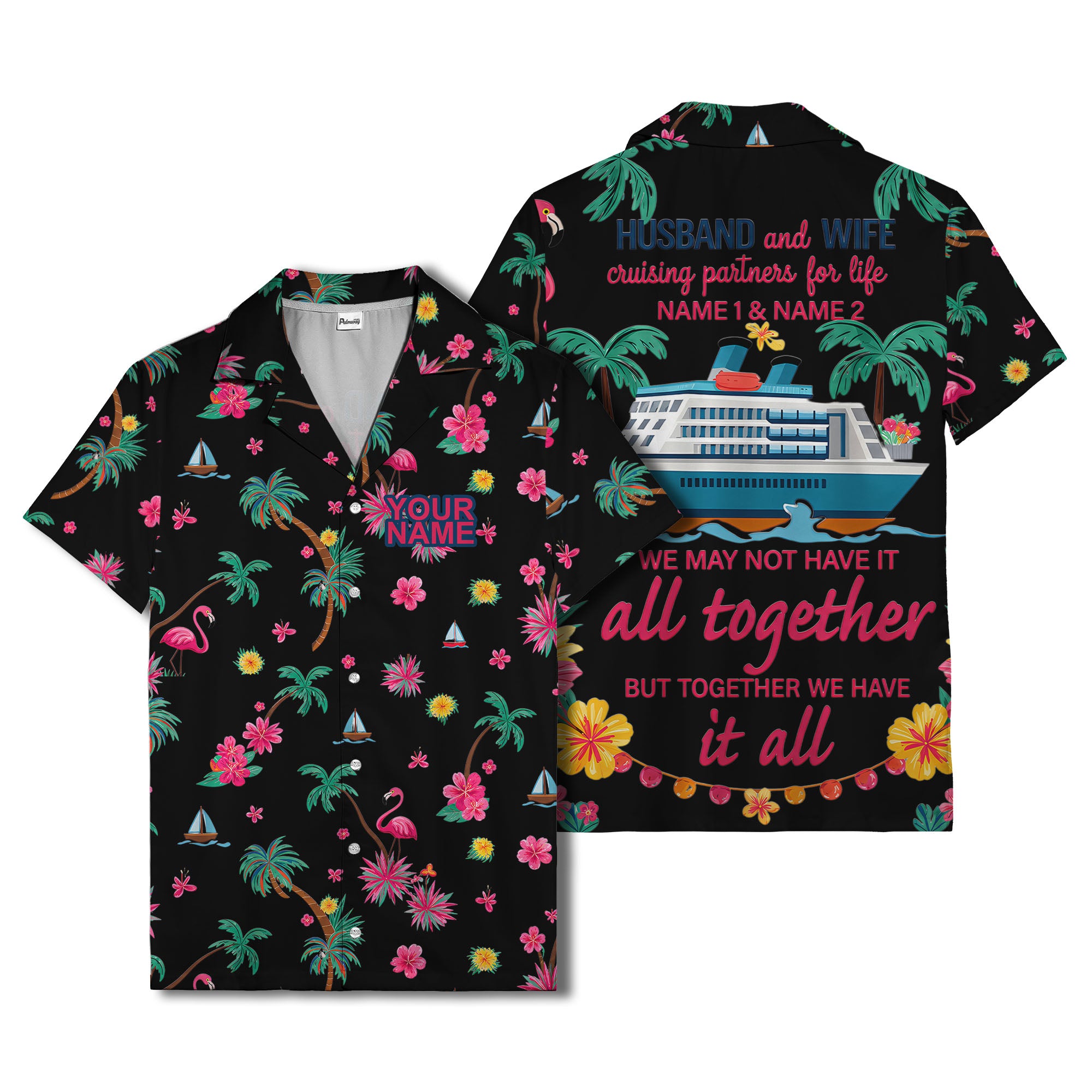 flamingo sailboat hibiscus palm watercolor hawaiian shirt