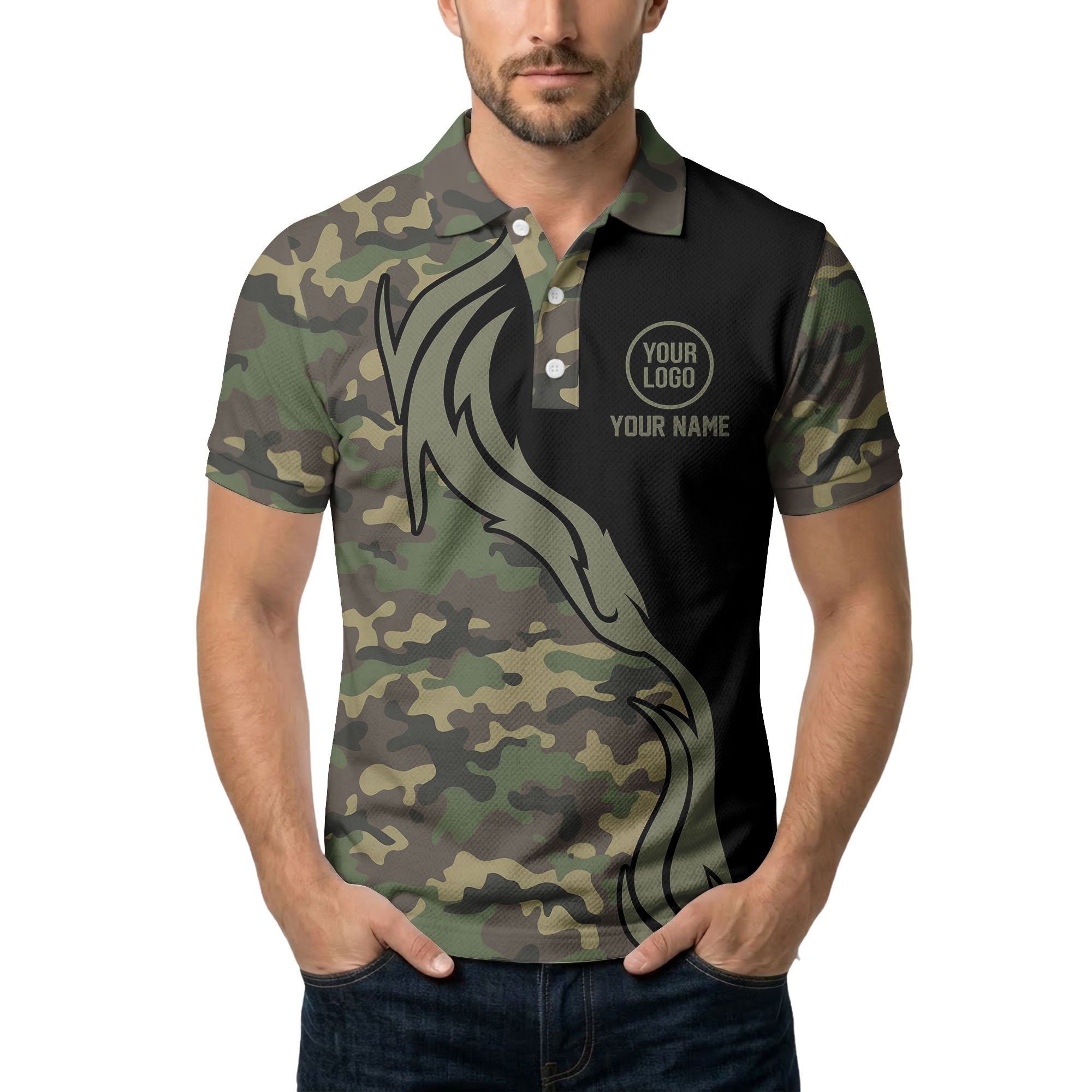 forest camouflage deer antlers personalized logo all over print polo shirt