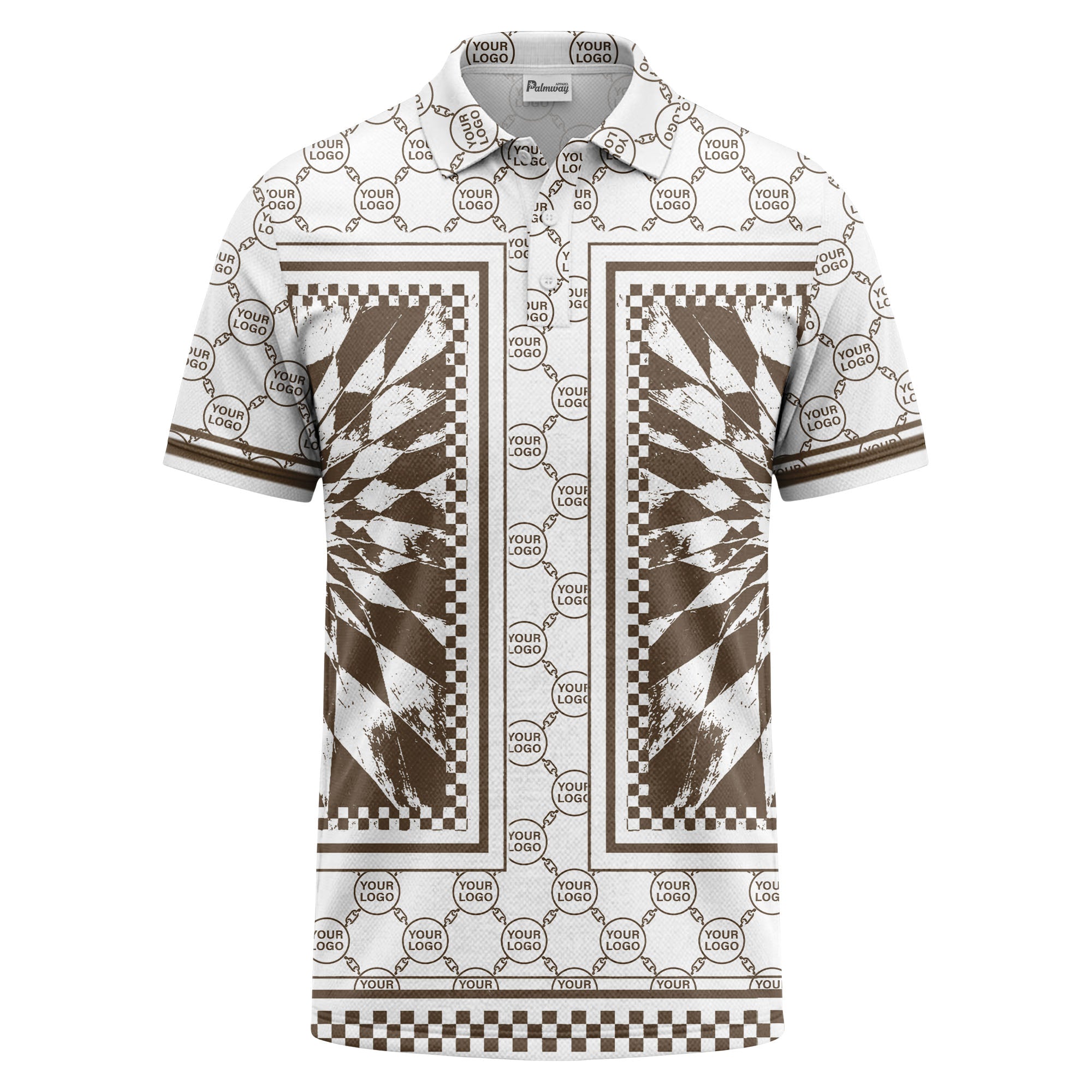 geometric palm leaves checkerboard border polo shirt