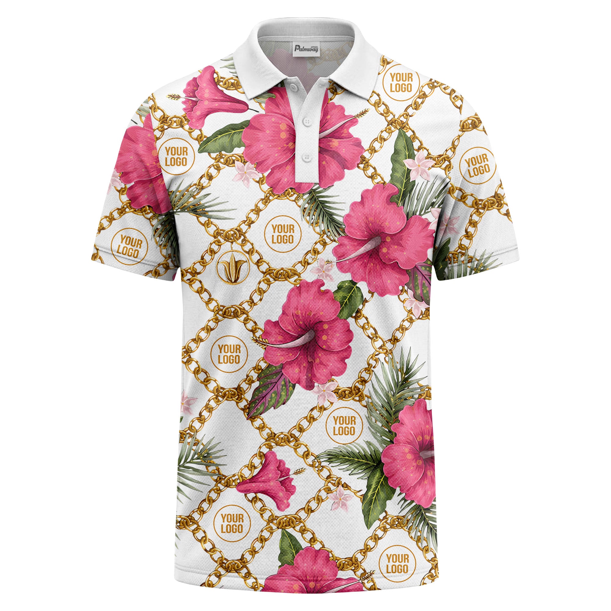 gold chain & pink hibiscus luxury illustrated polo shirt for men