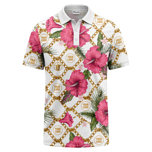 gold chain & pink hibiscus luxury illustrated polo shirt for men