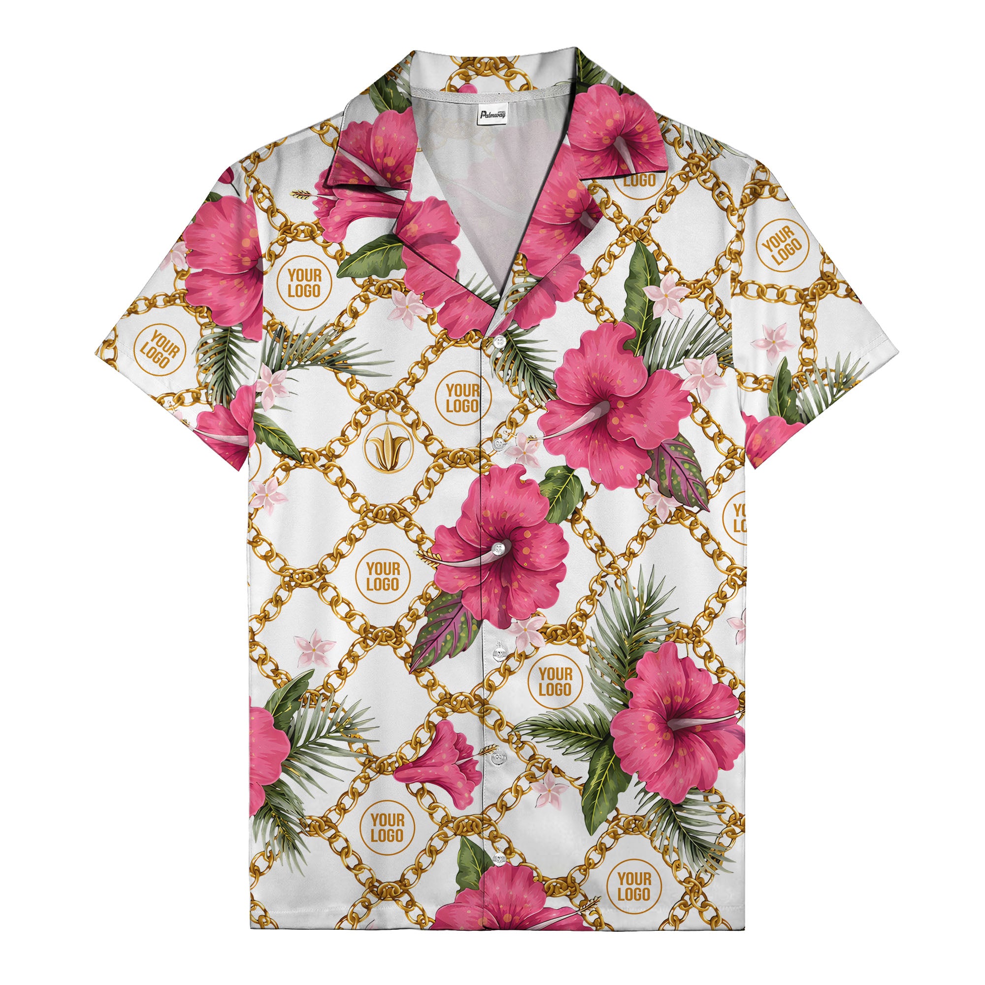 gold chain & pink hibiscus watercolor hawaiian shirt for men