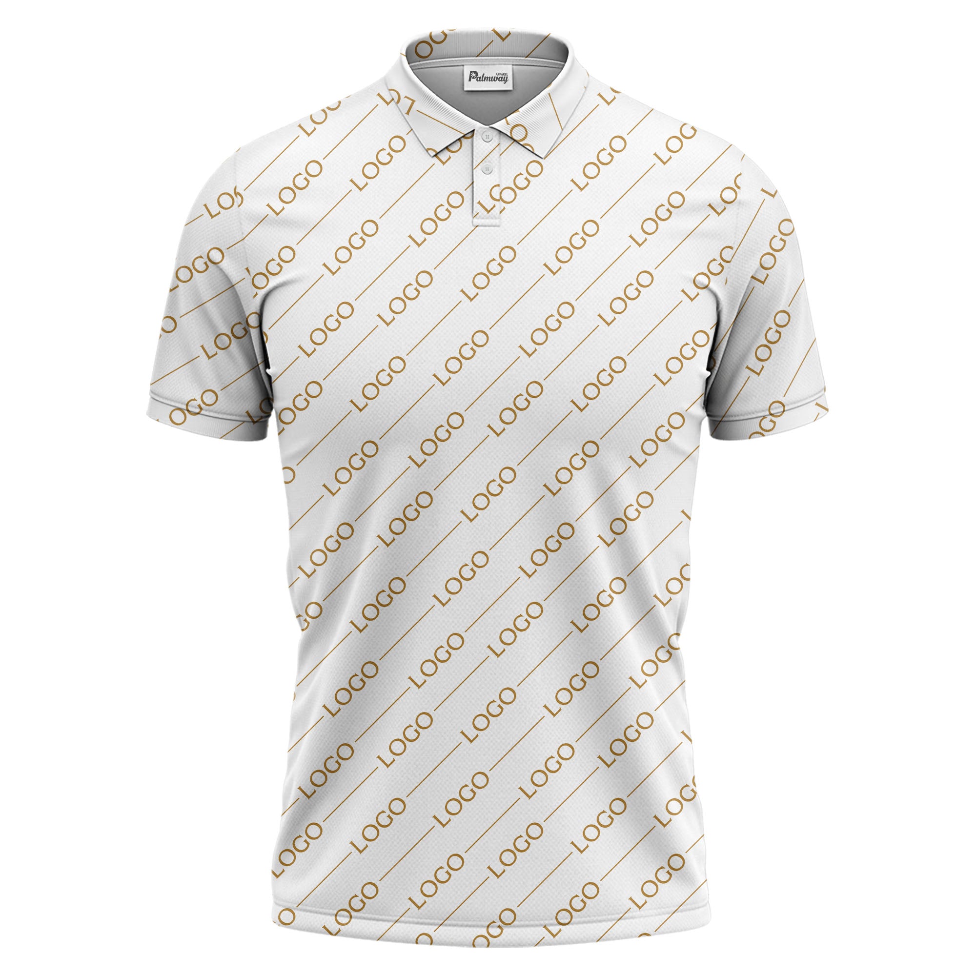 gold custom logo repeat pattern on black luxury minimalist polo shirt