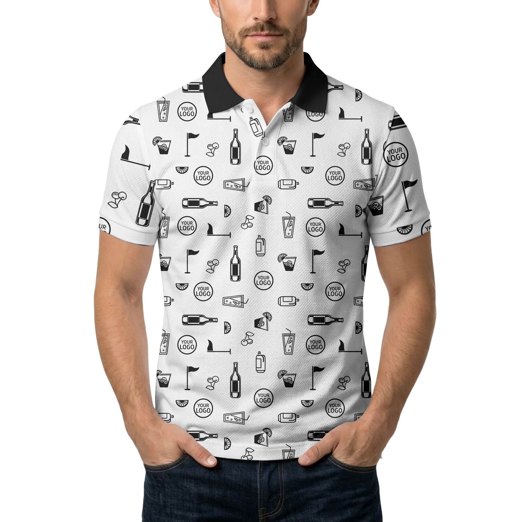 golf cocktail party repeating illustrated polo shirt with clubs flags and martini glasses