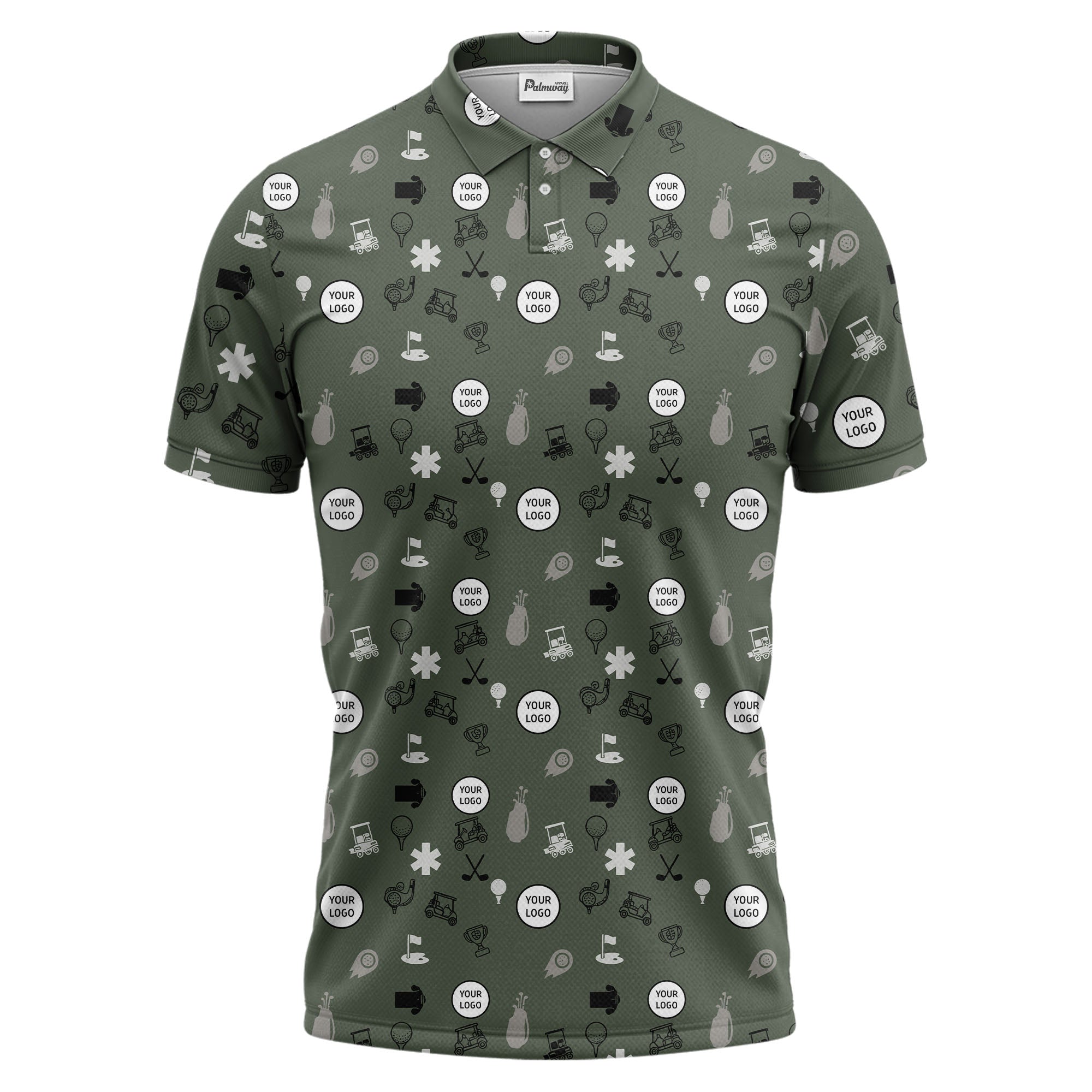 Gray Golf Course Sketch Polo Shirt With Repeating Balls Clubs Carts Trophies