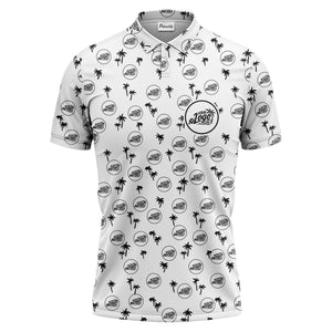 illustrated black tropical palm trees repeating polo shirt for summer beach days