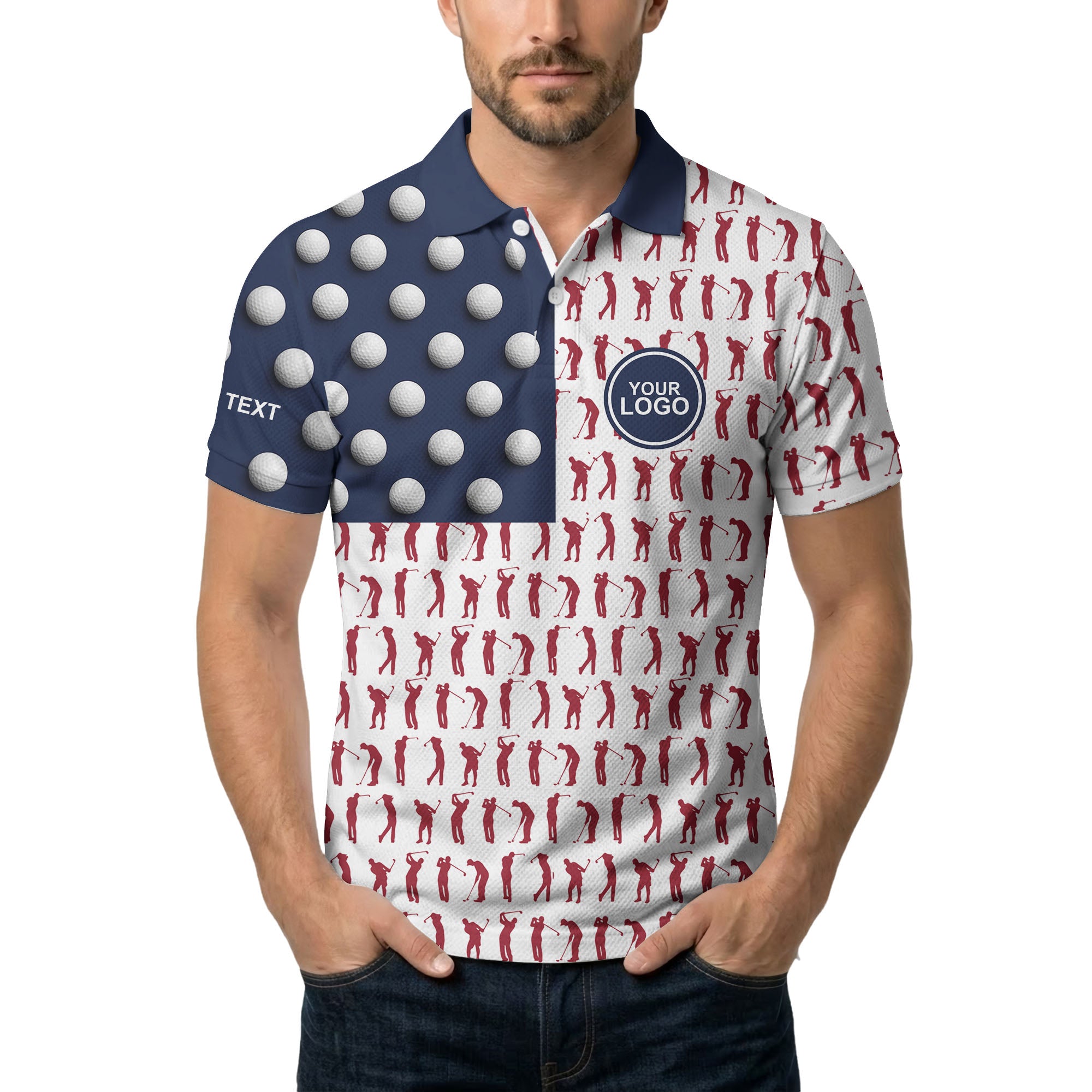 Illustrated Golf Balls and Swinging Golfers Repeating Pattern Polo Shirt