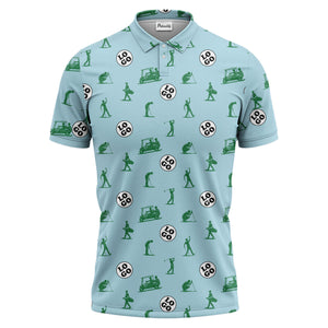 illustrated golfers golf carts repeating on green polo shirt for weekend fairway fun
