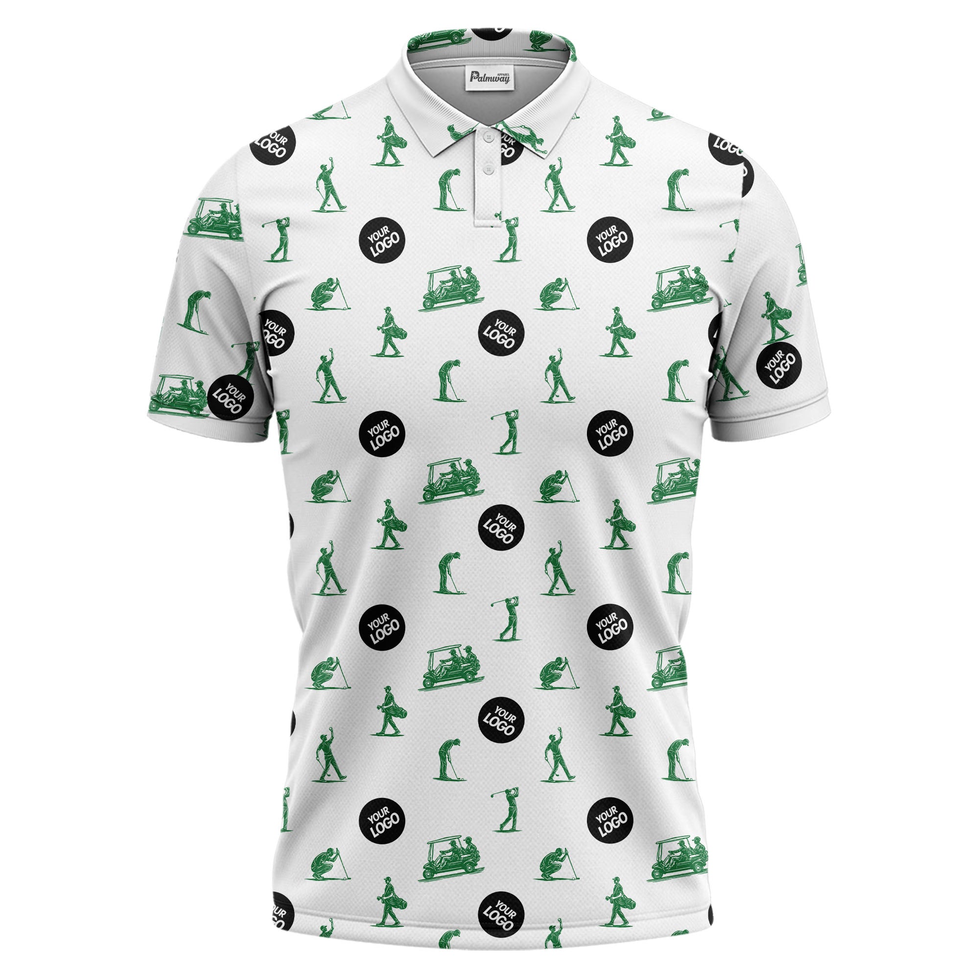 illustrated golfers golf carts repeating on green polo shirt for weekend fairway fun