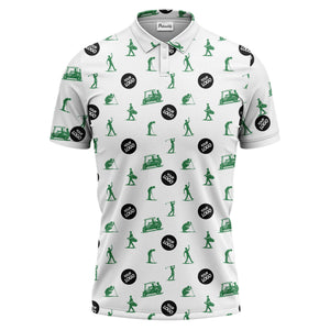 illustrated golfers golf carts repeating on green polo shirt for weekend fairway fun