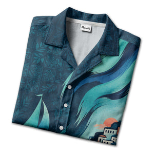 illustrated sailboat sunset & coastal village waves hawaiian shirt