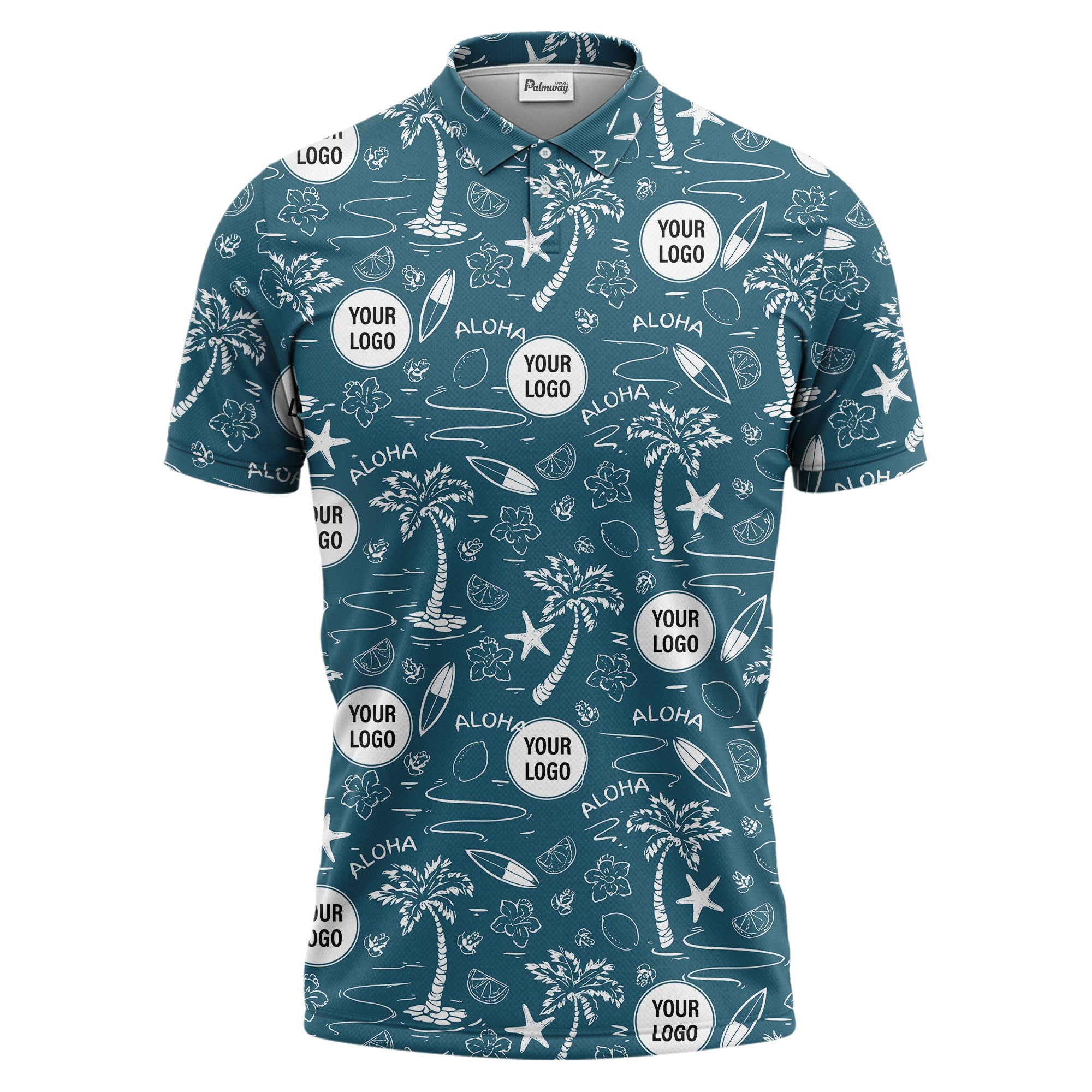 illustrated tropical palm surfboard aloha polo shirt for summer beach vacations