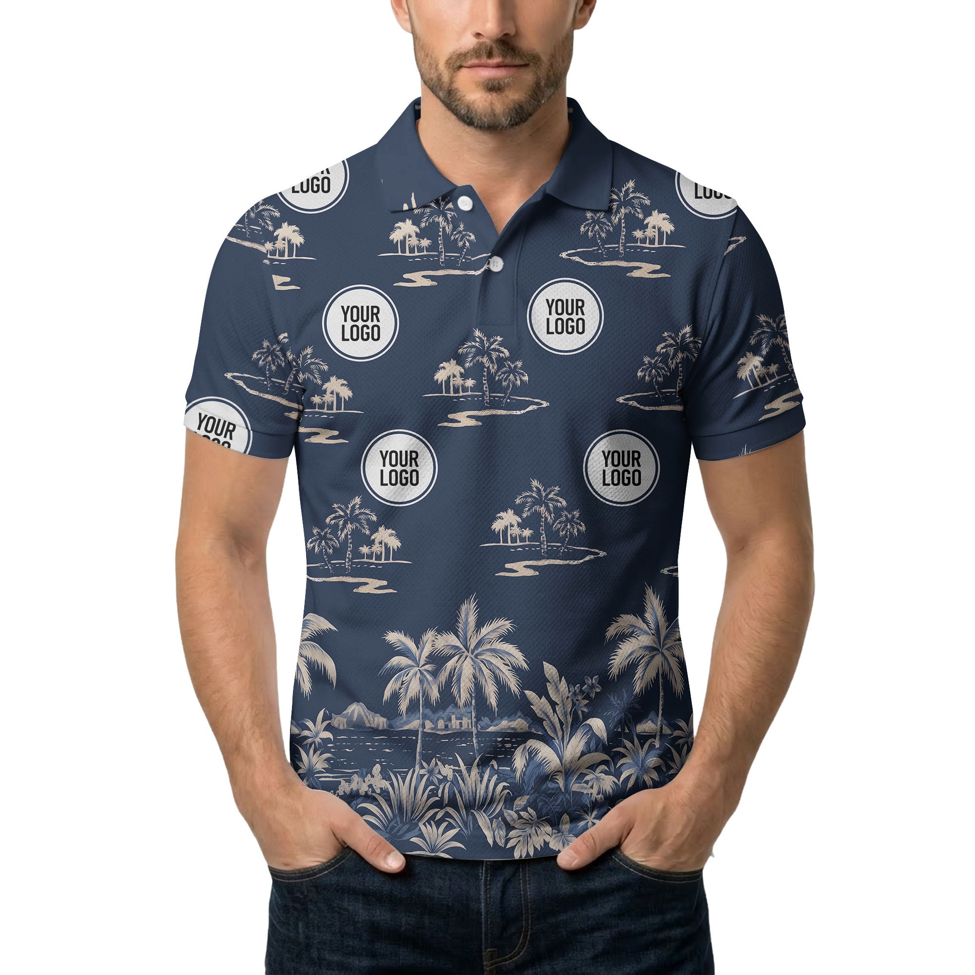 illustrated tropical palm tree island paradise polo shirt for beach vacations