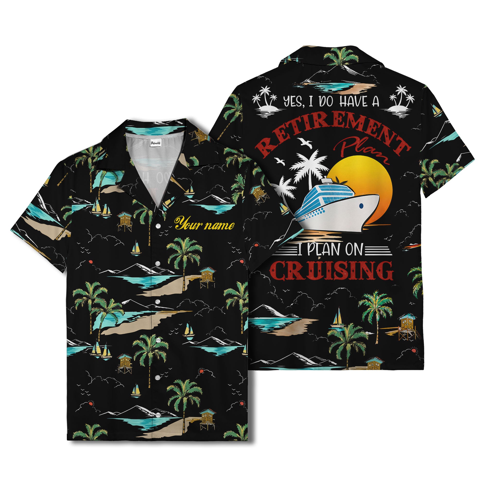 island paradise palm trees & sailboats sunset hawaiian shirt