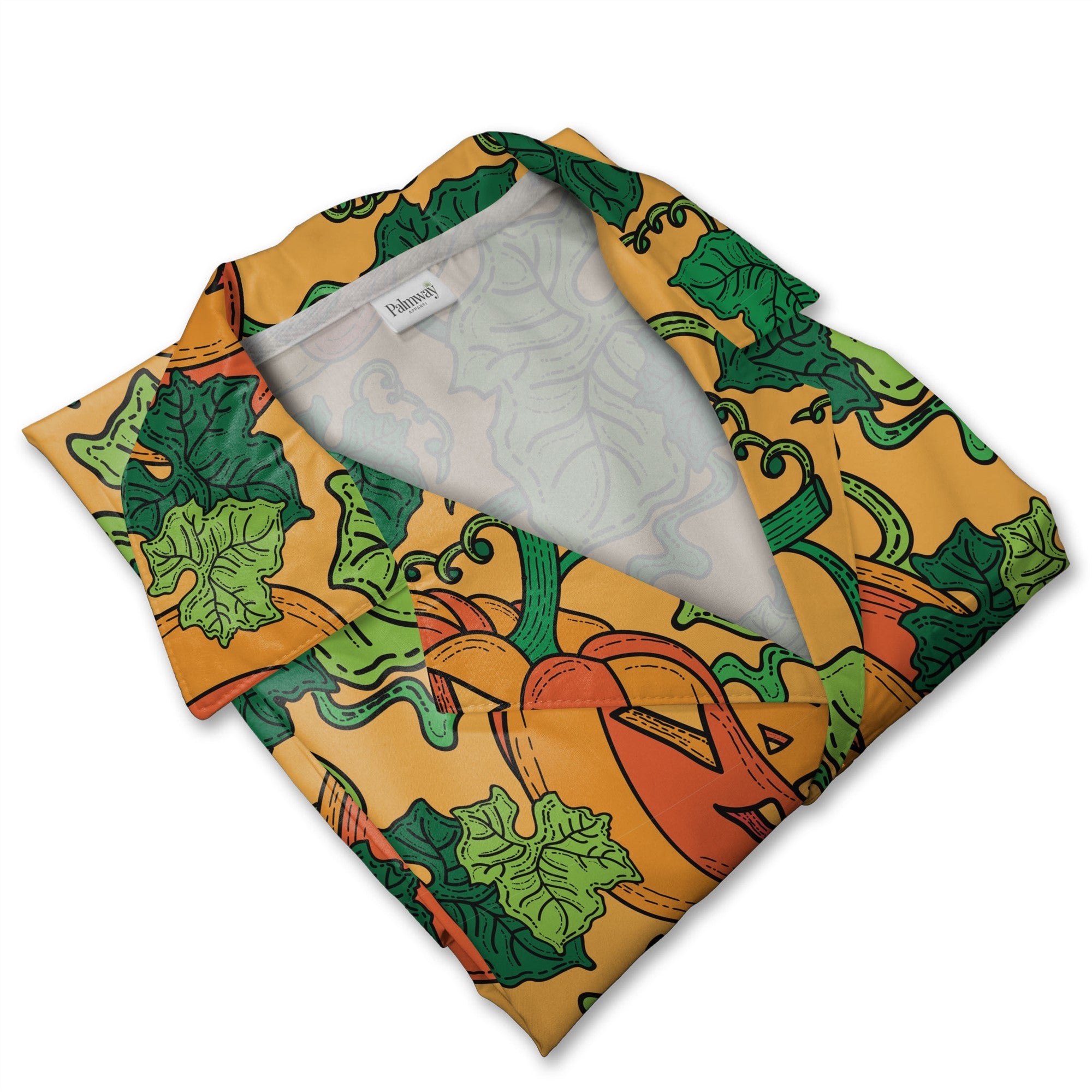 Jack-o-Lantern Hawaiian Shirt with Vines and Leaves on Orange