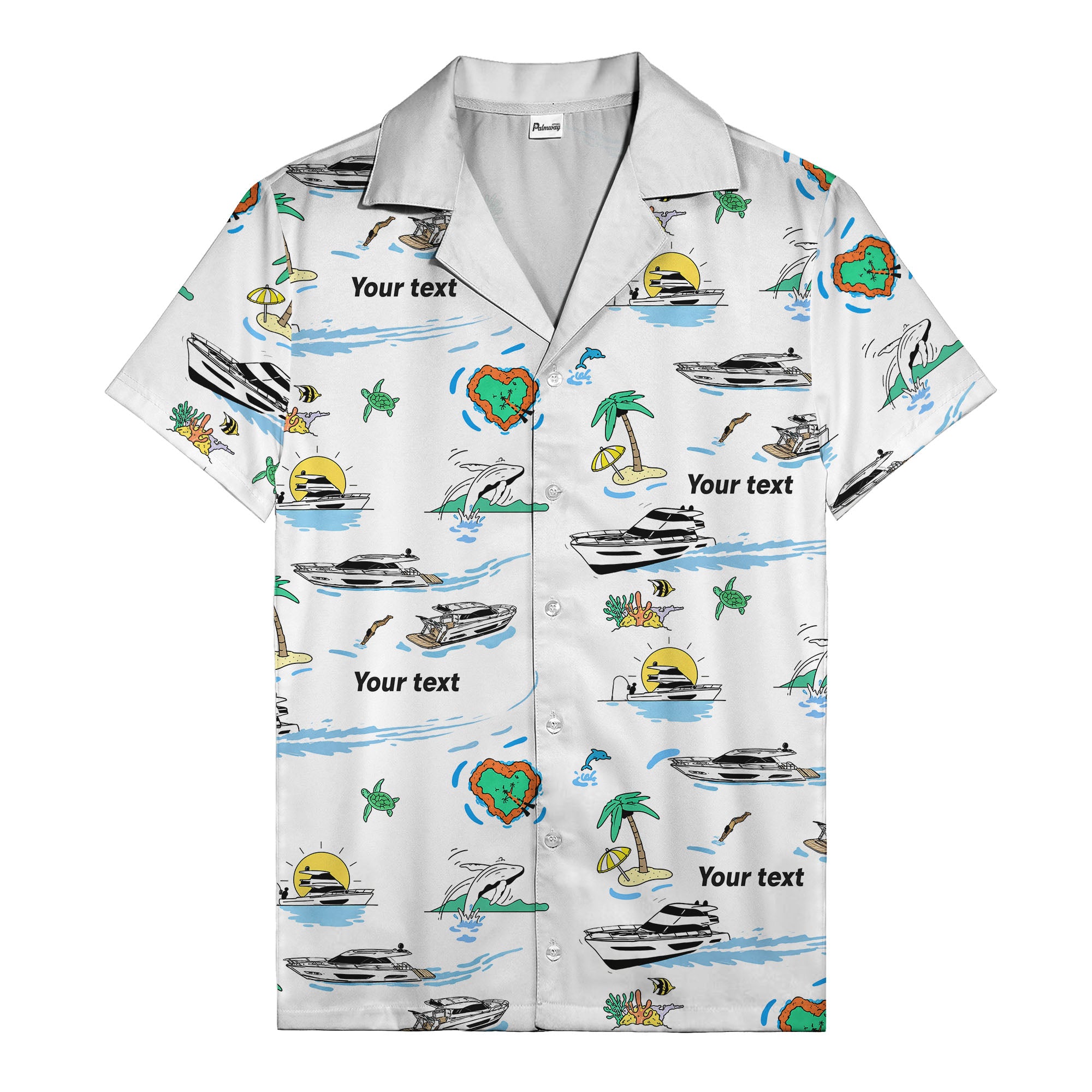 luxury yacht & heart-shaped island cartoon hawaiian shirt
