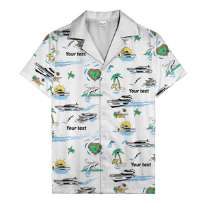 luxury yacht & heart-shaped island cartoon hawaiian shirt