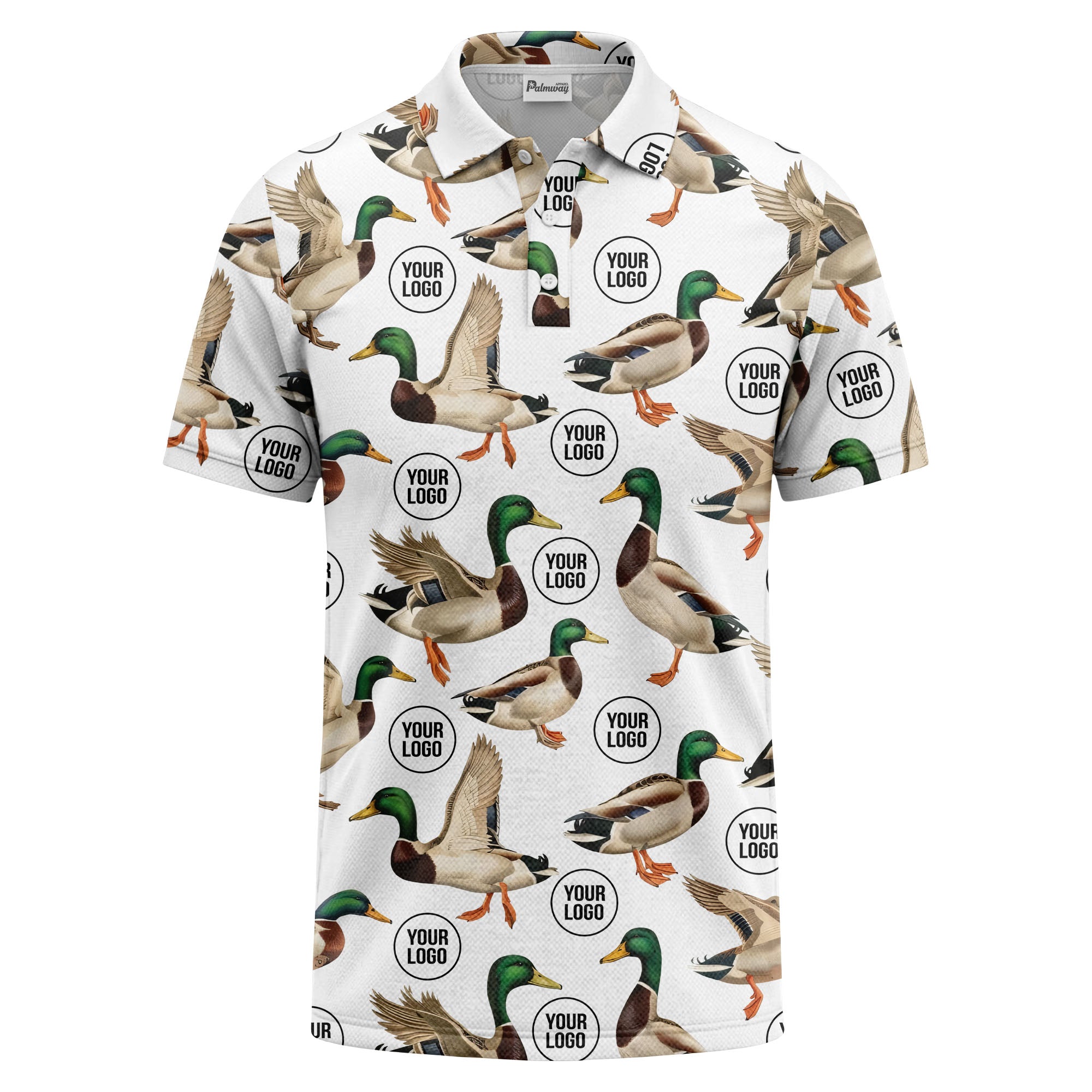 mallard duck flock & custom logo repeat photorealistic polo shirt