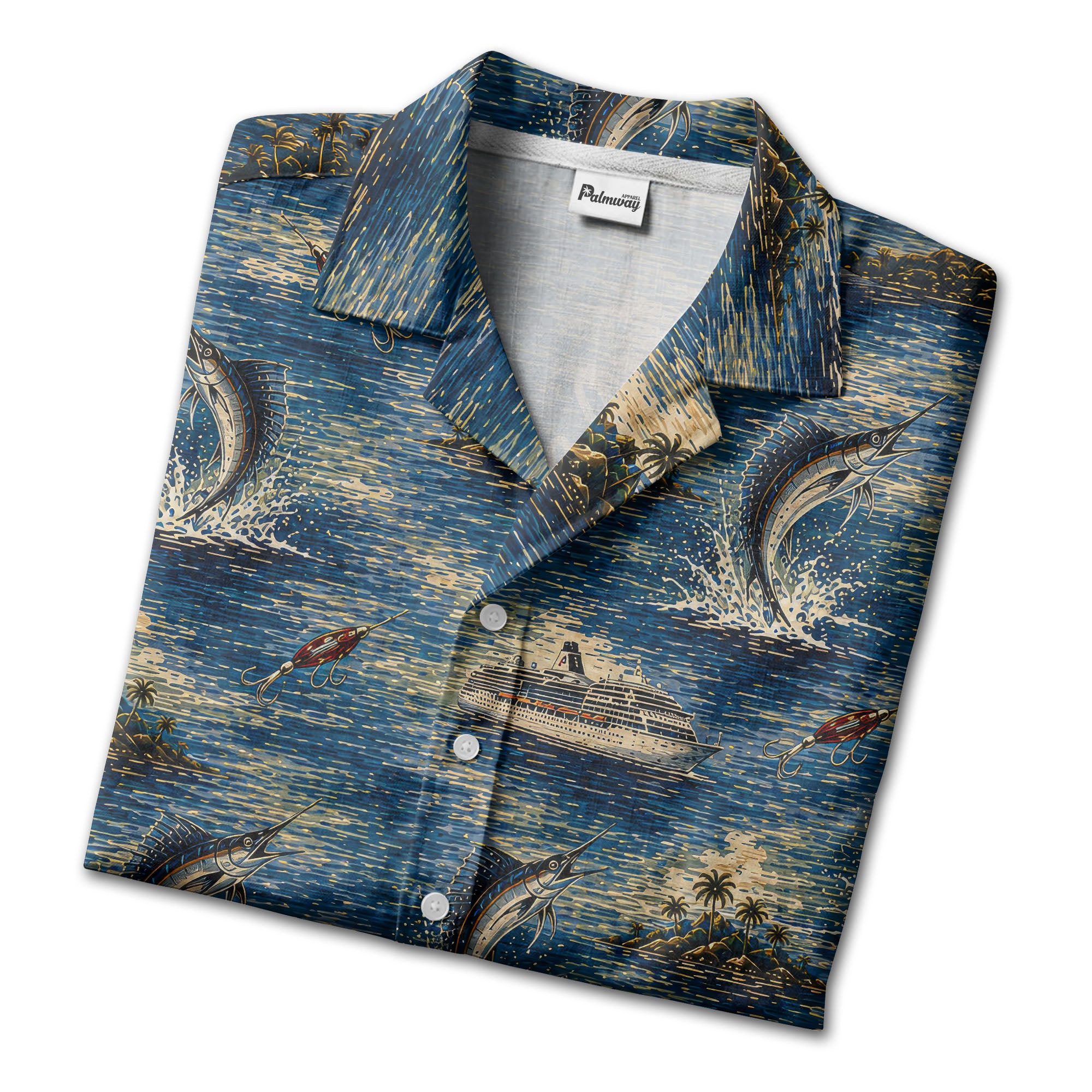 marlin fish & cruise ship ocean scene hawaiian shirt for men