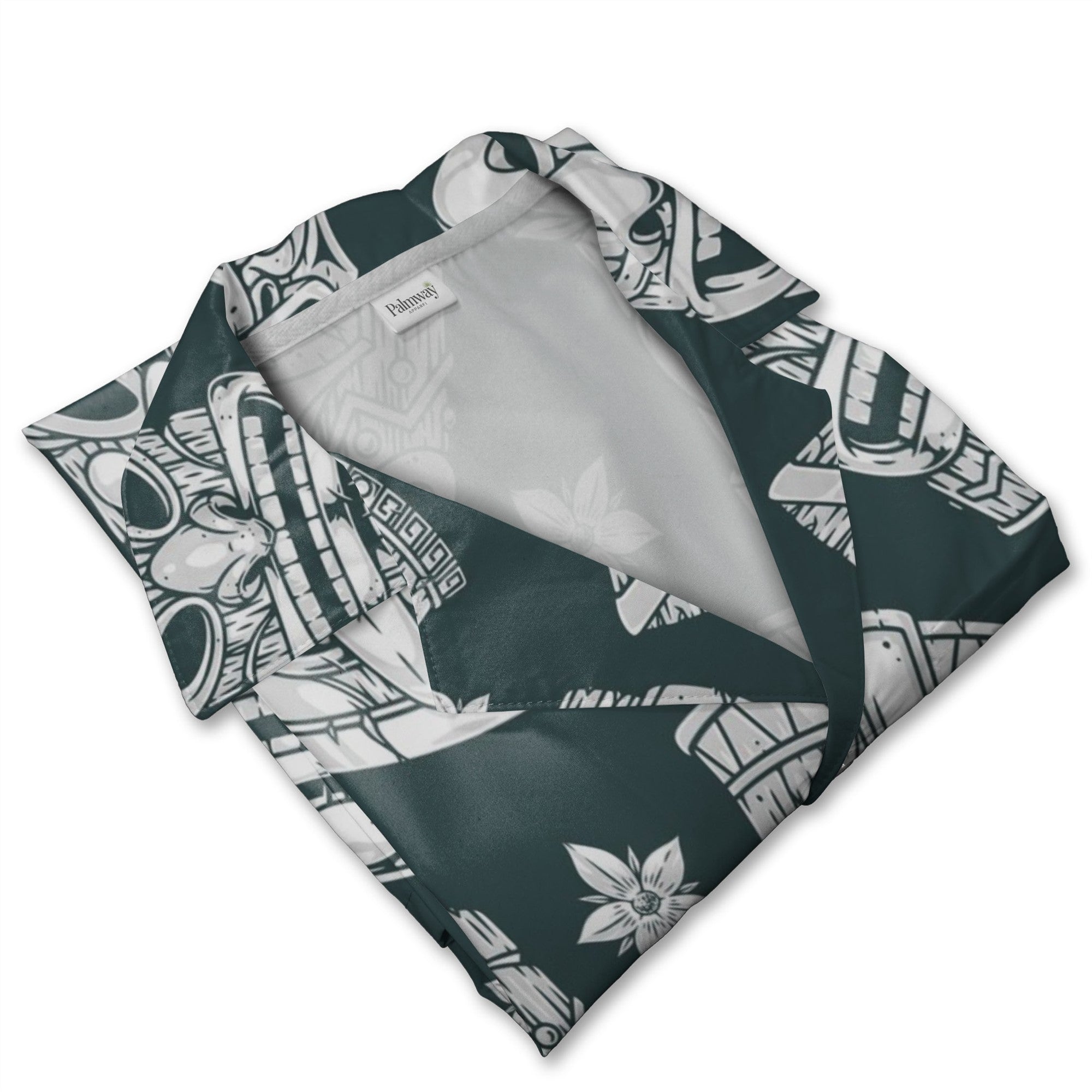 Monochrome Engraving Style Tiki Hawaiian Shirt on Dark Teal