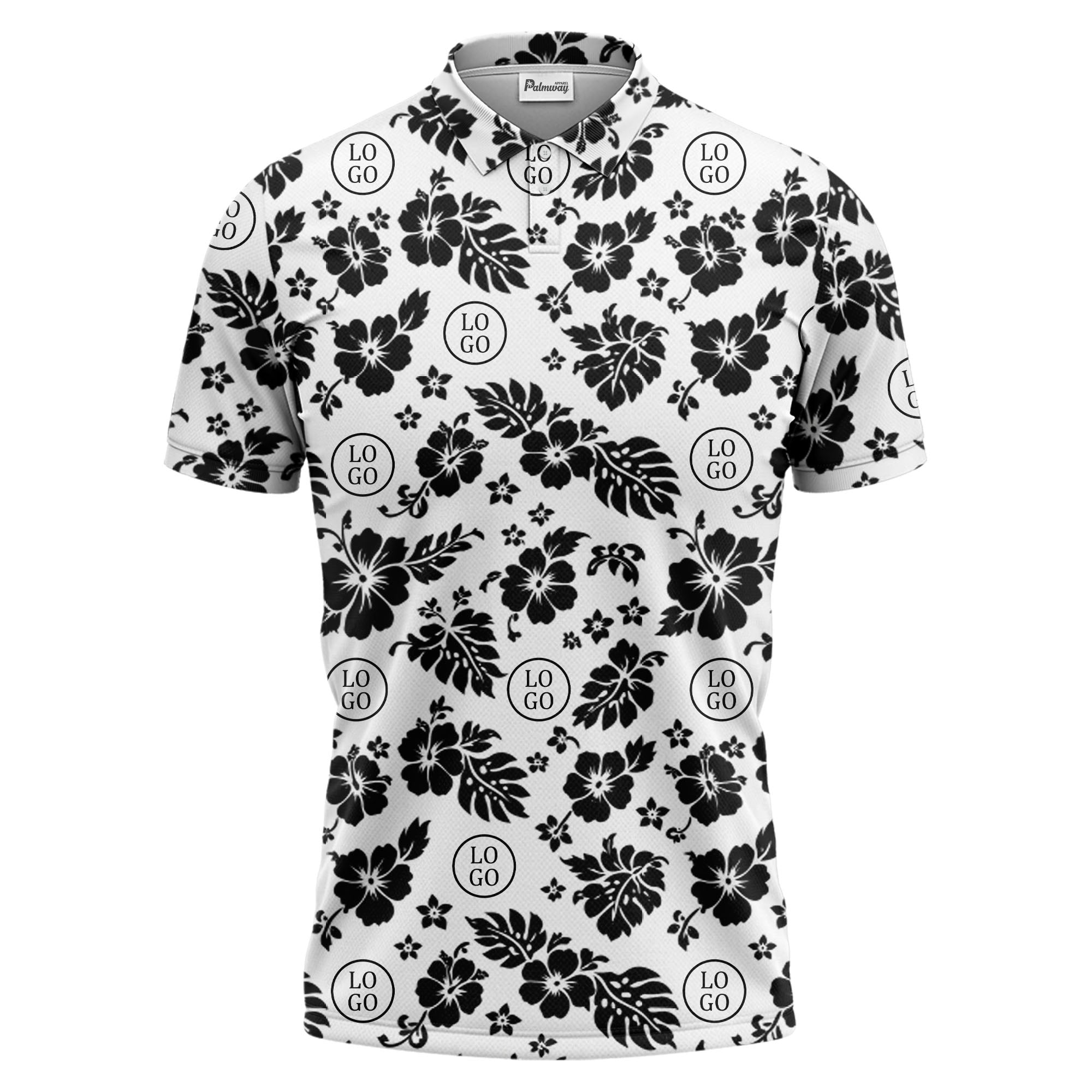 monochrome hawaiian hibiscus flowers & leaves repeat pattern polo shirt