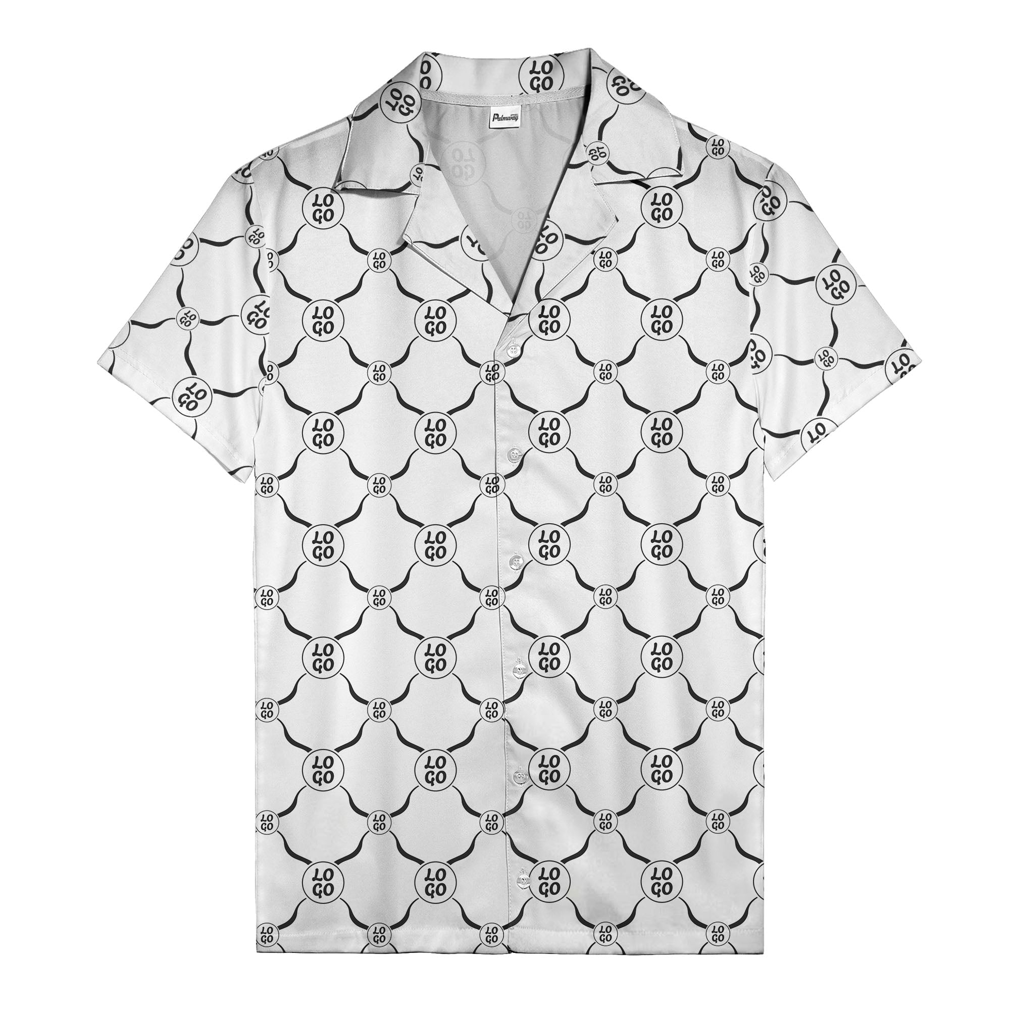 monochrome interlocking circles & logo repeat pattern hawaiian shirt for men