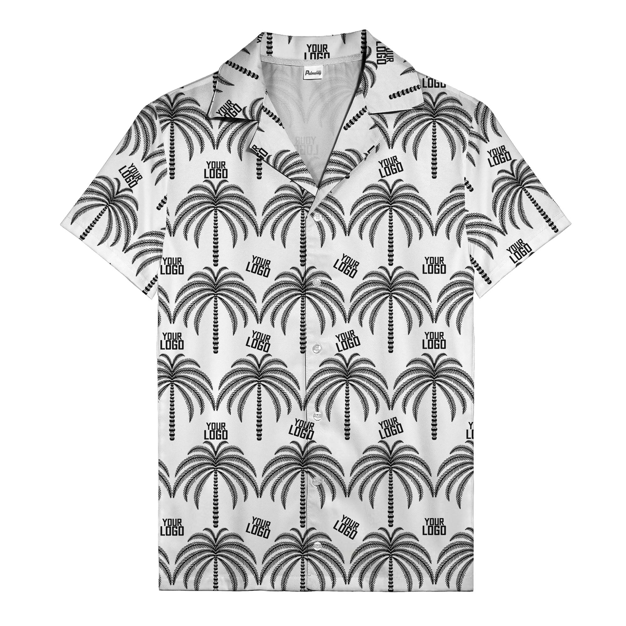 monochrome palm tree & custom logo repeat hawaiian shirt for men