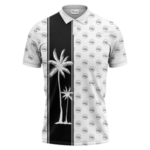 monochrome palm tree silhouette & logo repeat polo shirt