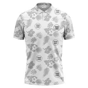 illustrated monochrome tropical flowers and leaves polo shirt for men