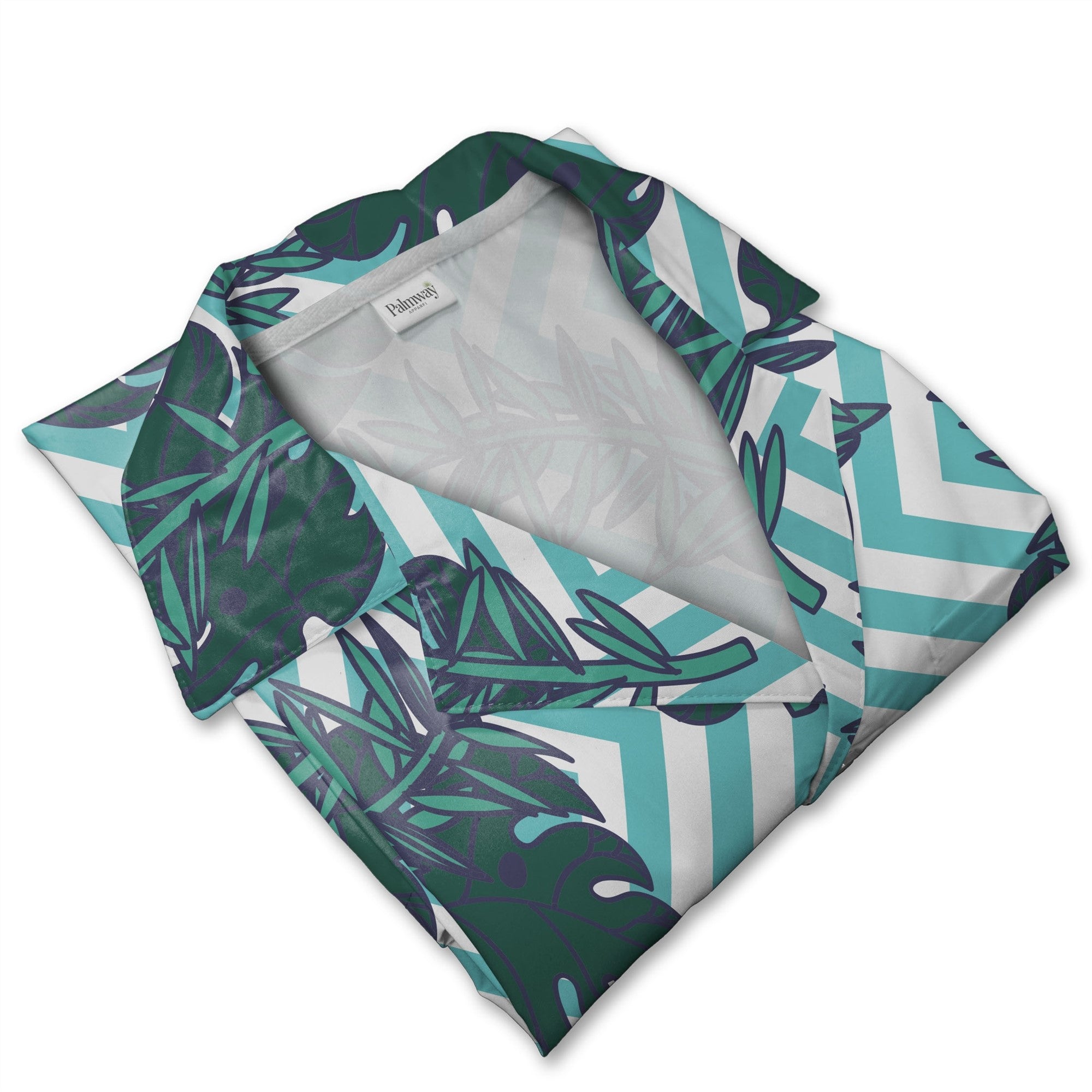 Monstera Leaf Hawaiian Shirt on Aqua White Diagonal Stripes