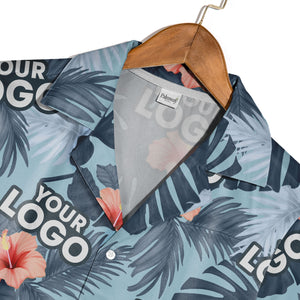 Navy Blue Corporate Hawaiian Shirt with Hibiscus and Custom Logo Space