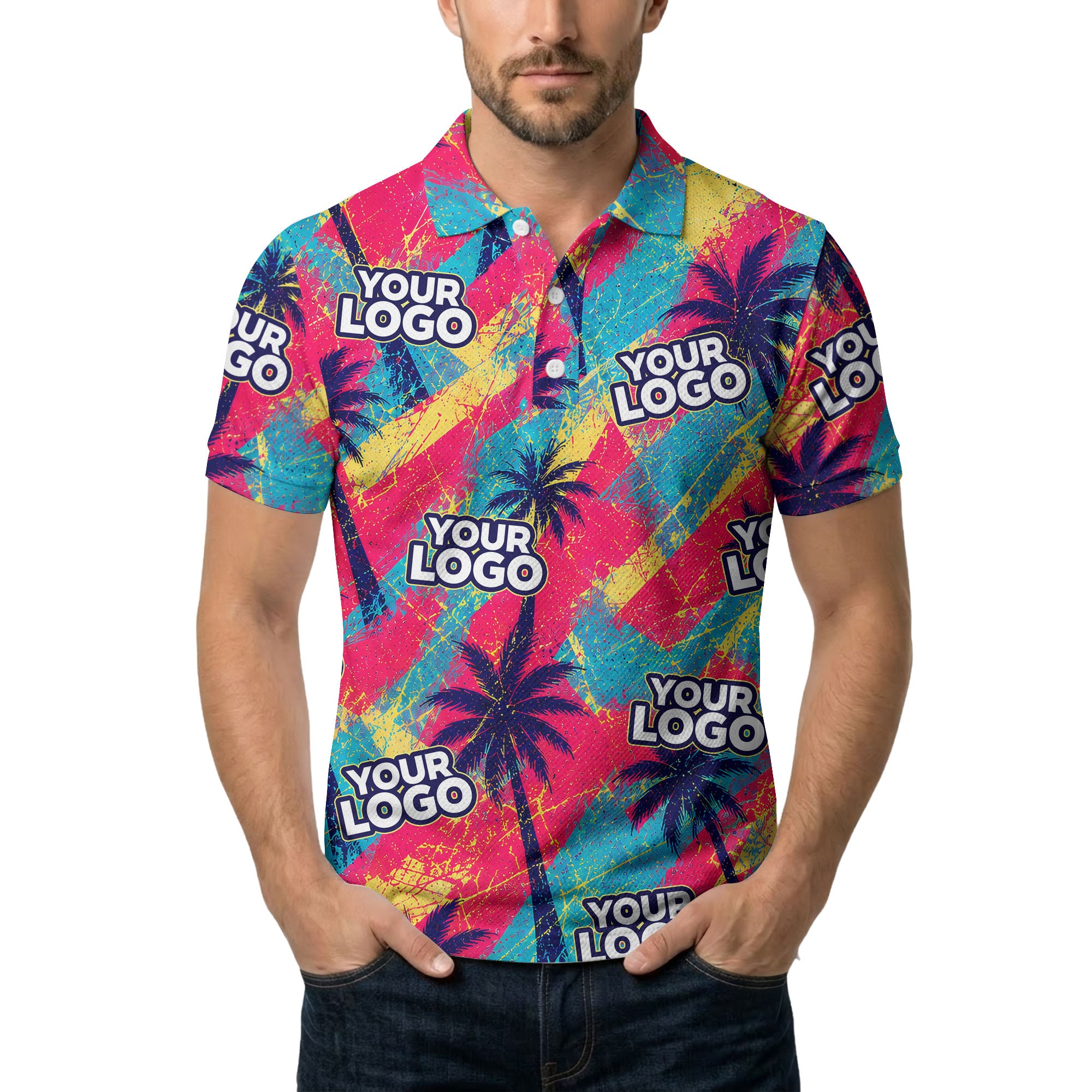 neon palm trees splatter paint diagonal stripe polo shirt for men