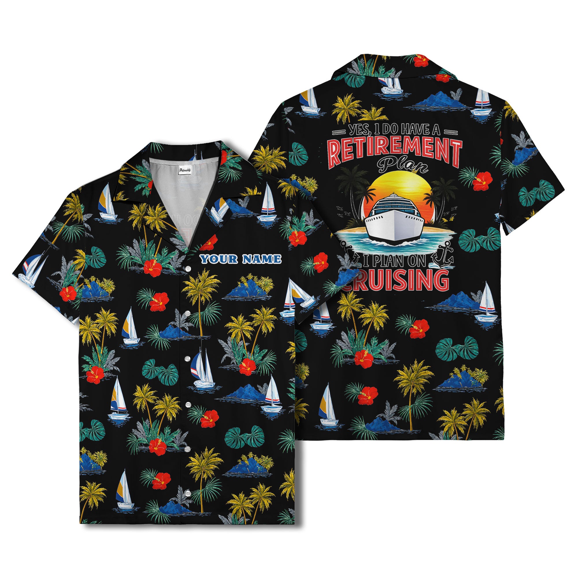 palm trees sailboats hibiscus island paradise hawaiian shirt