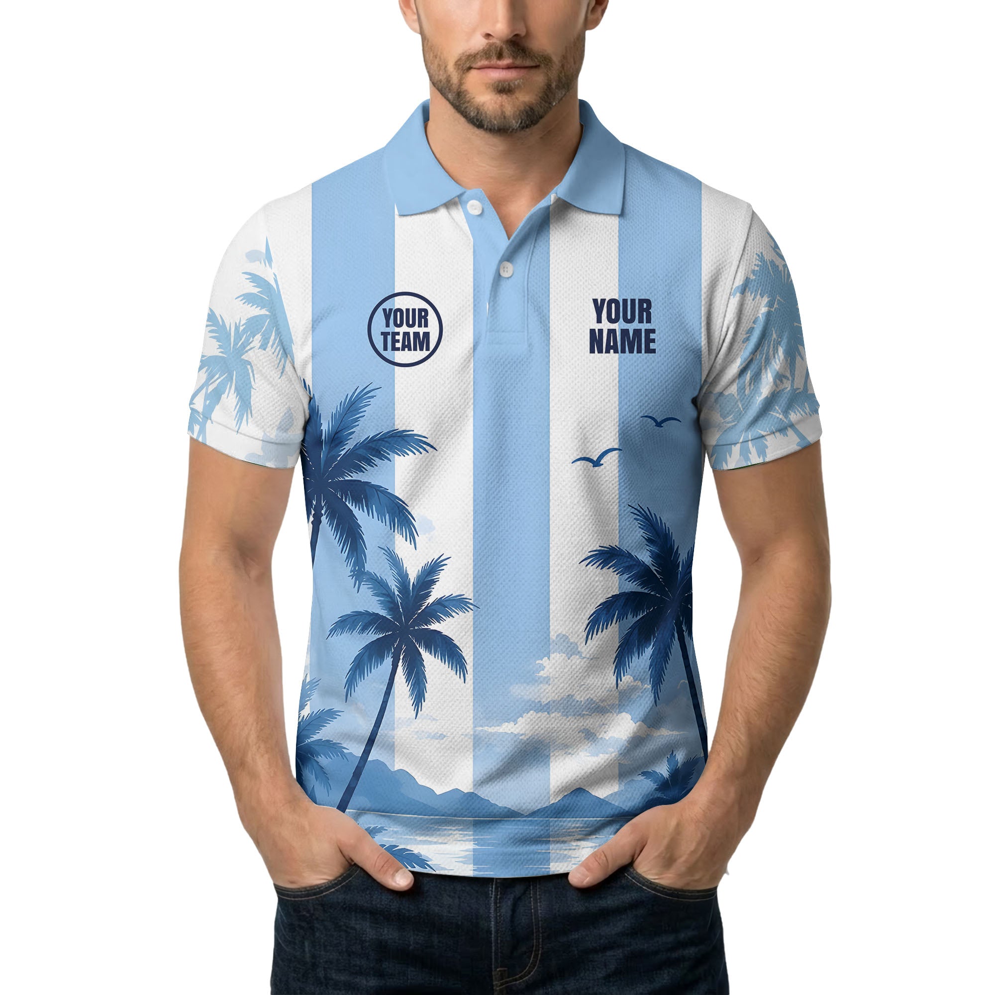 palm trees & seagulls sky blue stripe tropical beach polo shirt