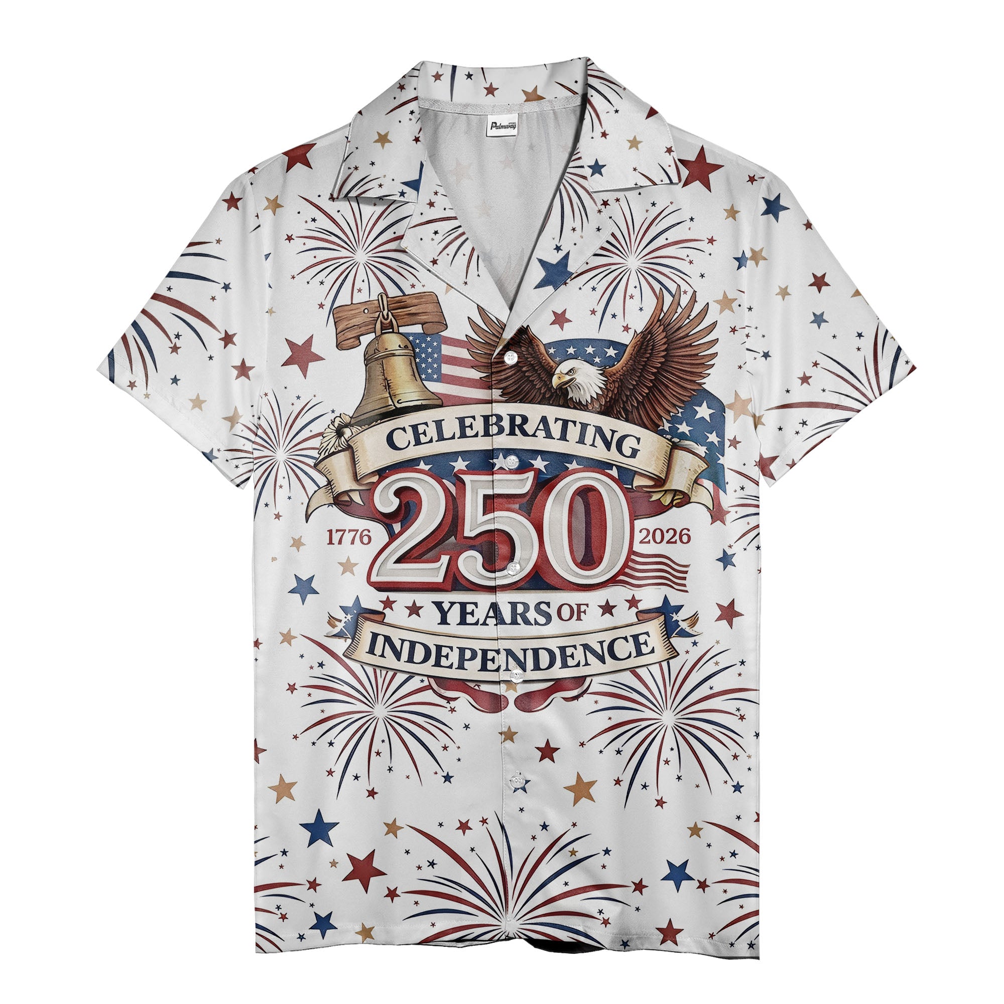 patriotic usa celebration hawaiian shirt with repeating eagle & fireworks design