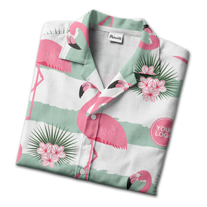 pink flamingos watercolor aloha shirt with mint stripes and tropical flowers hawaiian shirt