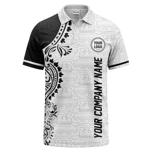 polynesian tribal floral motif black white polo shirt