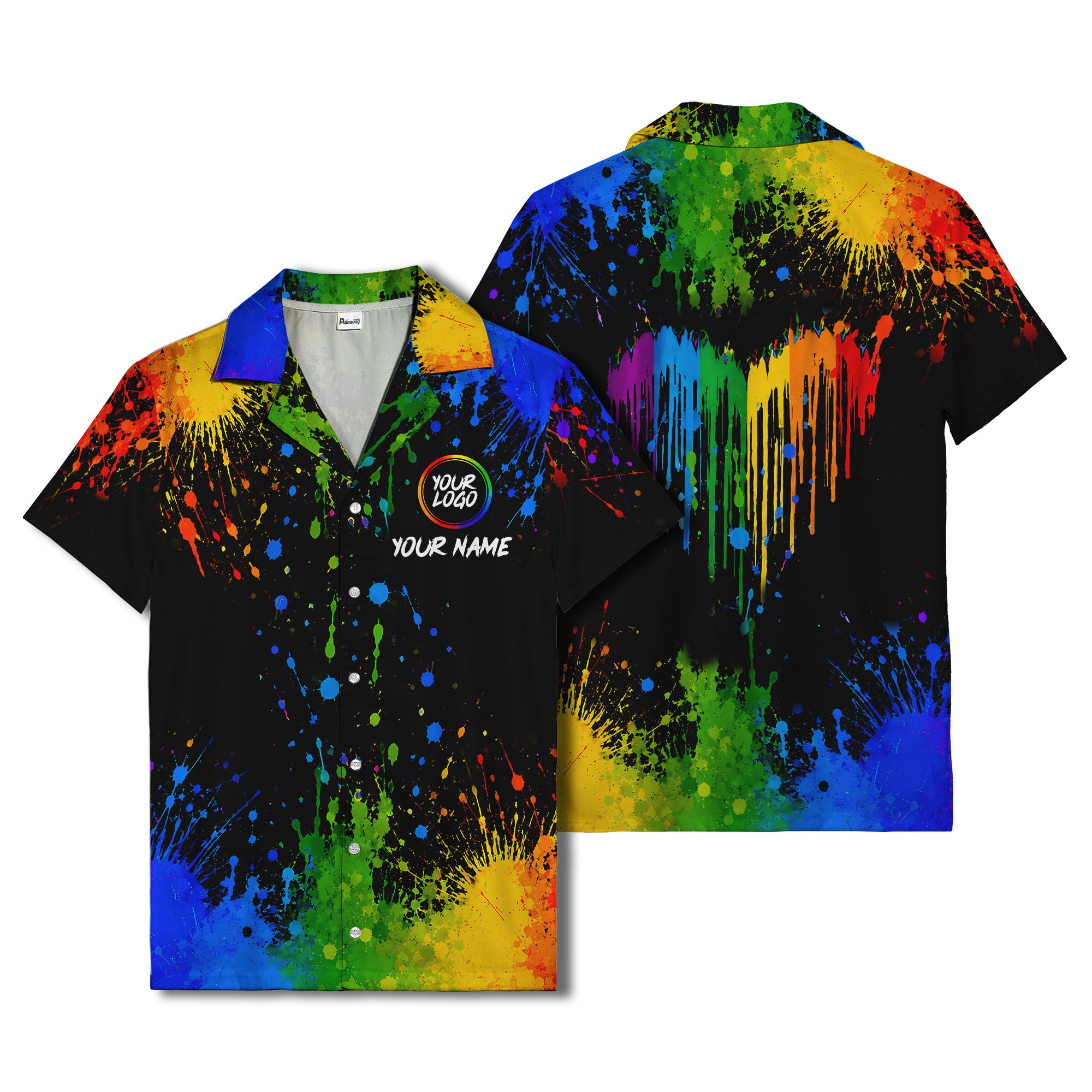 rainbow paint splatter abstract art hawaiian shirt with customizable name