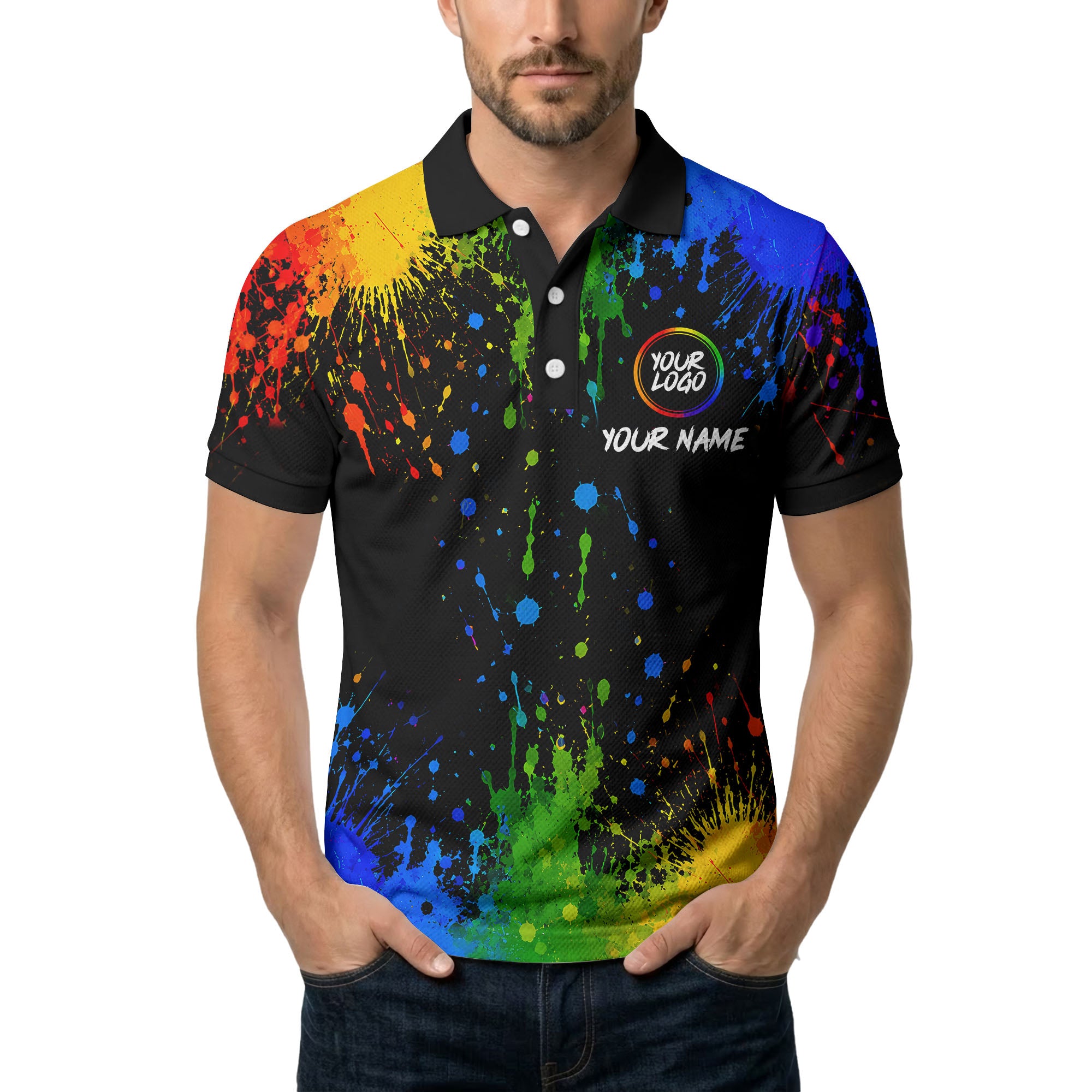 rainbow paint splatter custom logo personalized polo shirt