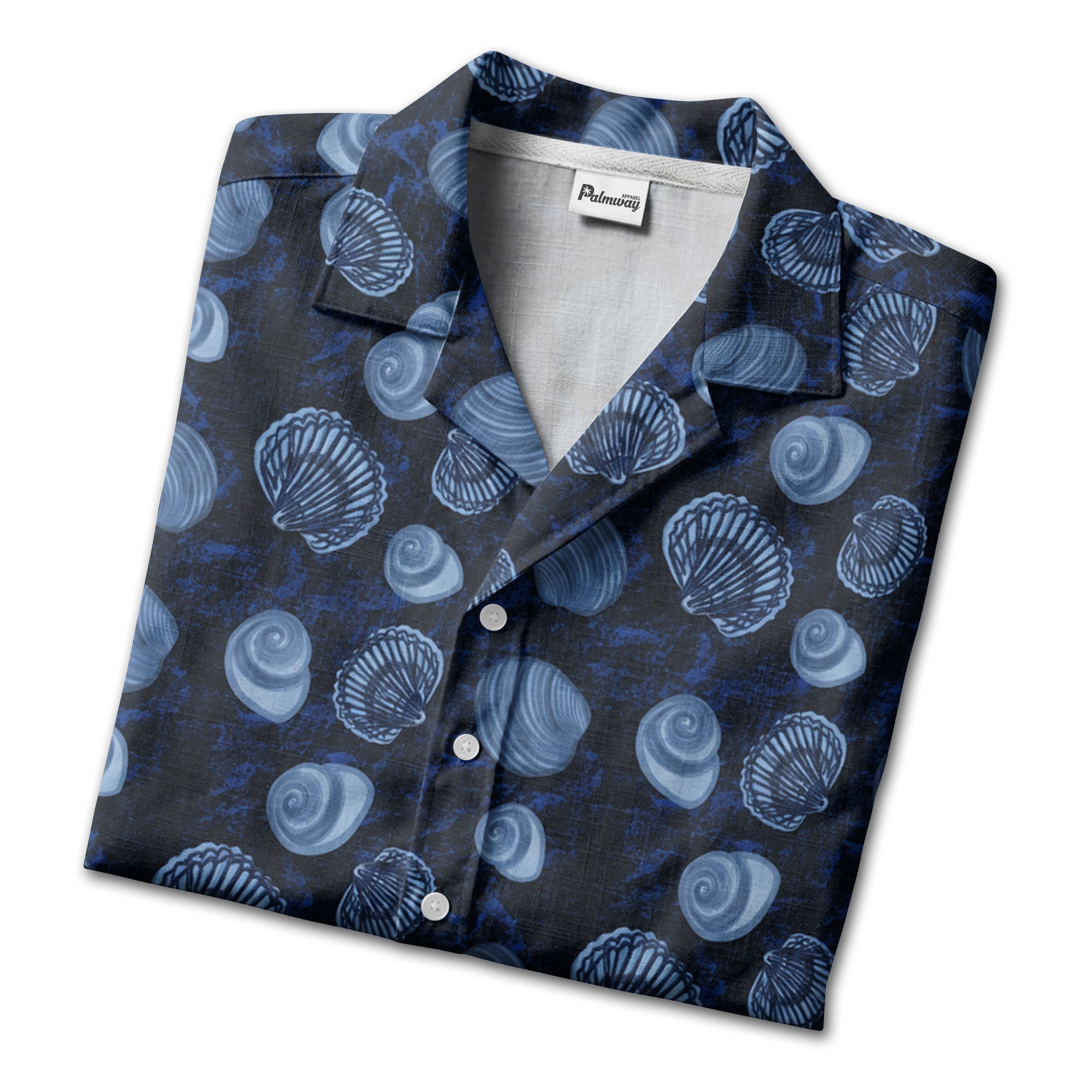 realistic seashell & spiral shell repeat navy blue hawaiian shirt