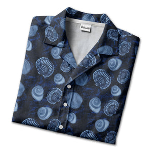 realistic seashell & spiral shell repeat navy blue hawaiian shirt