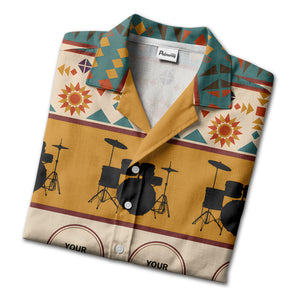 retro drum kits & sunburst geometric border hawaiian shirt