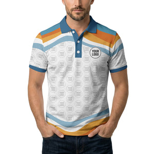 retro wavy stripes & custom logo repeat navy polo shirt