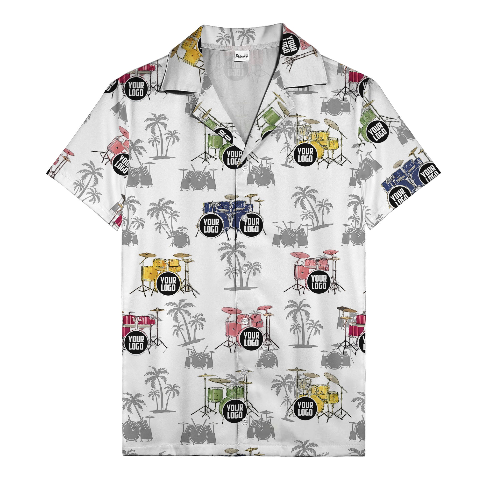 rockin' drum kits & palm trees repeat hawaiian shirt for musicians
