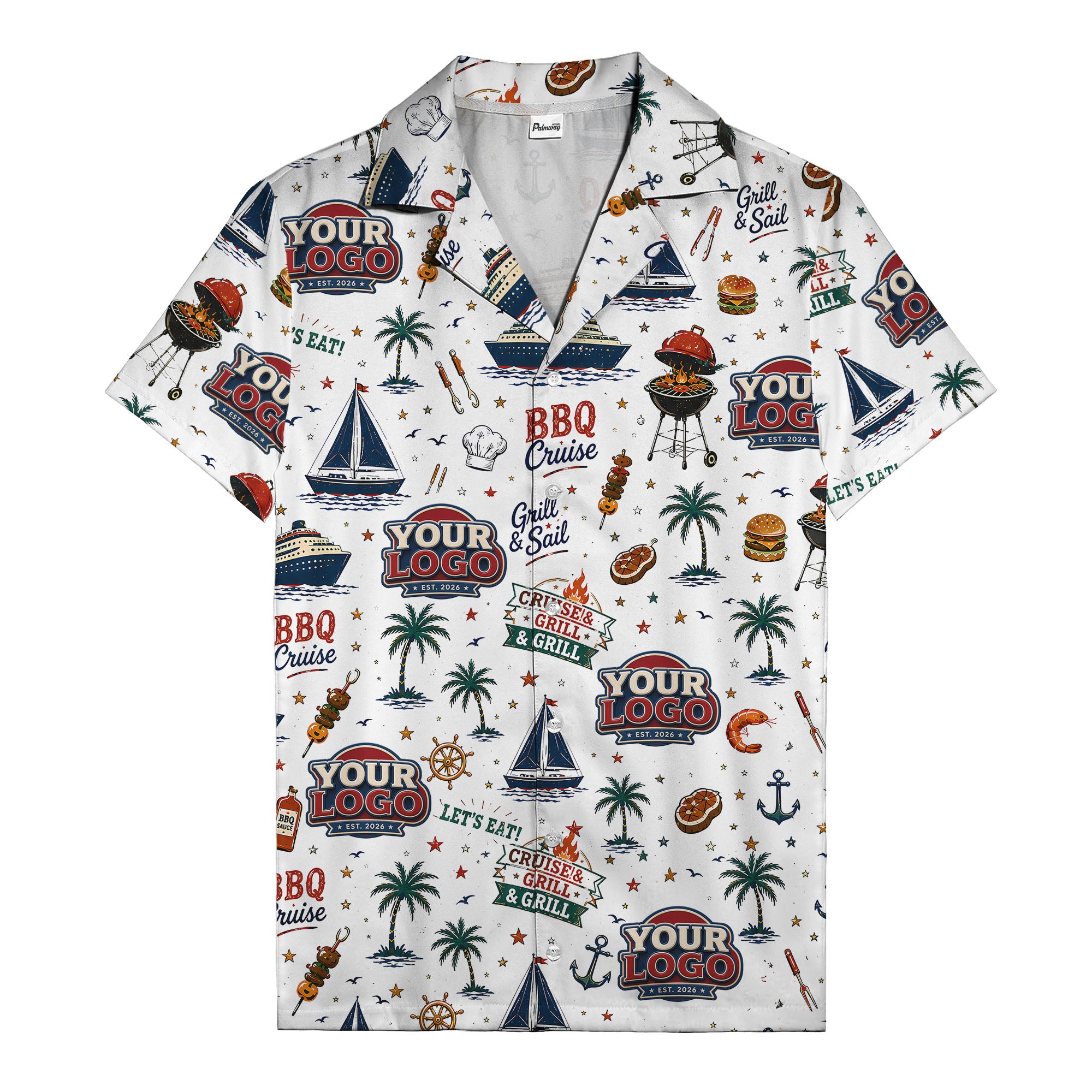 sailboats anchors ship wheels hamburger shrimp steak grill tools hawaiian shirt for men