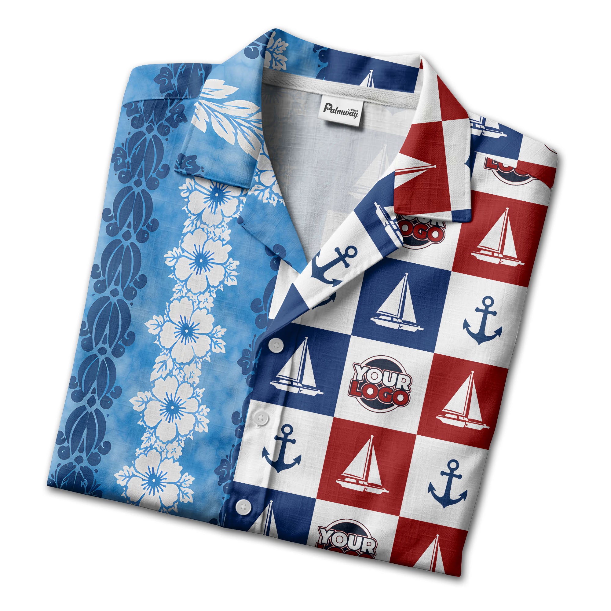 sailing boats & anchors checkered navy blue hawaiian shirt for men