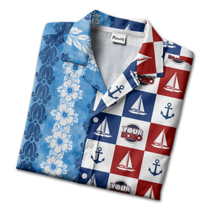 sailing boats & anchors checkered navy blue hawaiian shirt for men