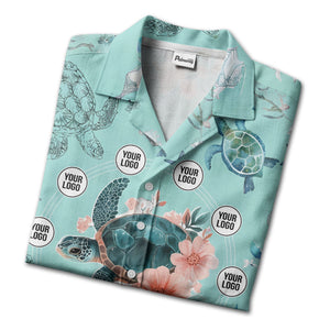 sea turtles swim through coral reef and hibiscus watercolor hawaiian shirt
