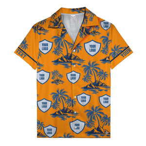 shield logo palm tree island scene navy blue hawaiian shirt for men